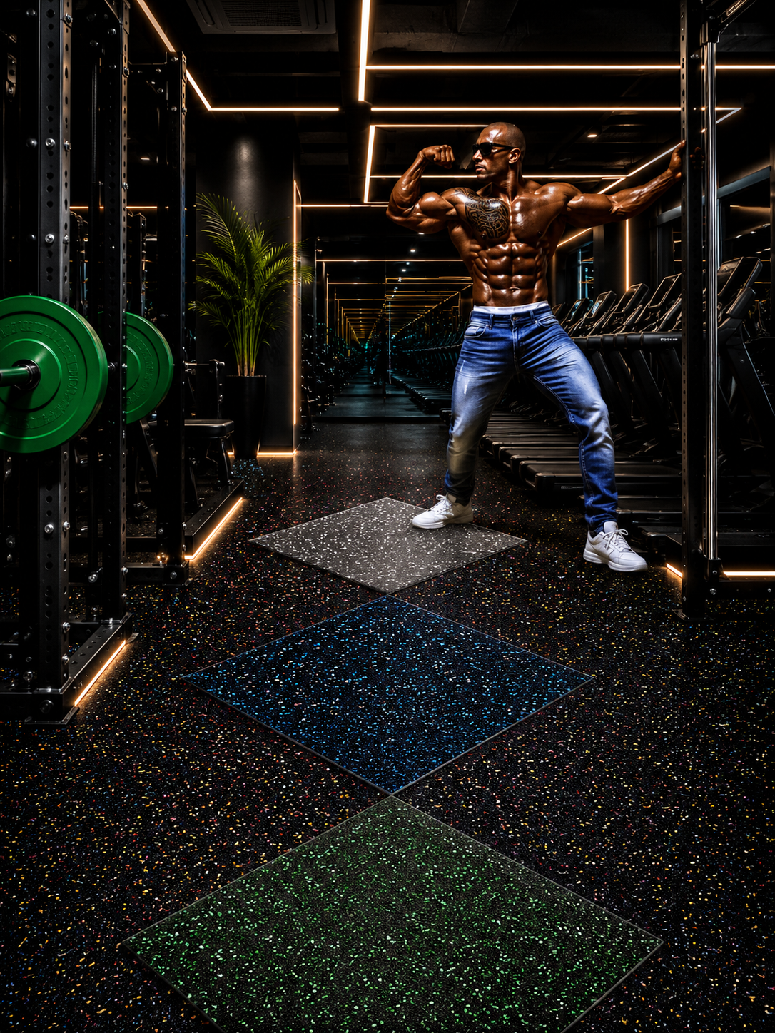 Rubber flooring with gym equipment